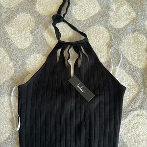Lulu's Style Strike Black Ribbed Knit Cutout Cropped Halter Top
